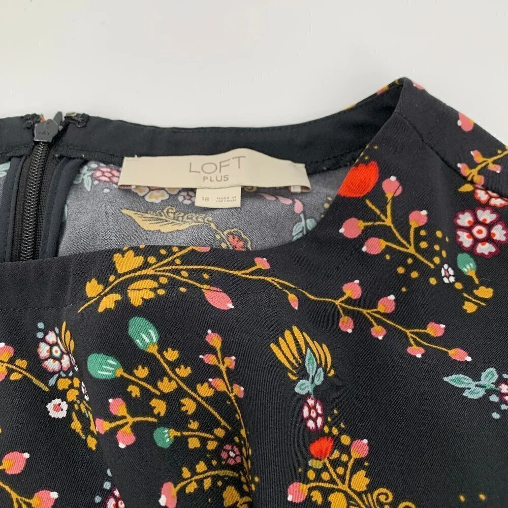 Loft Plus shift dress black dark floral stretch long sleeve flower garland 18
